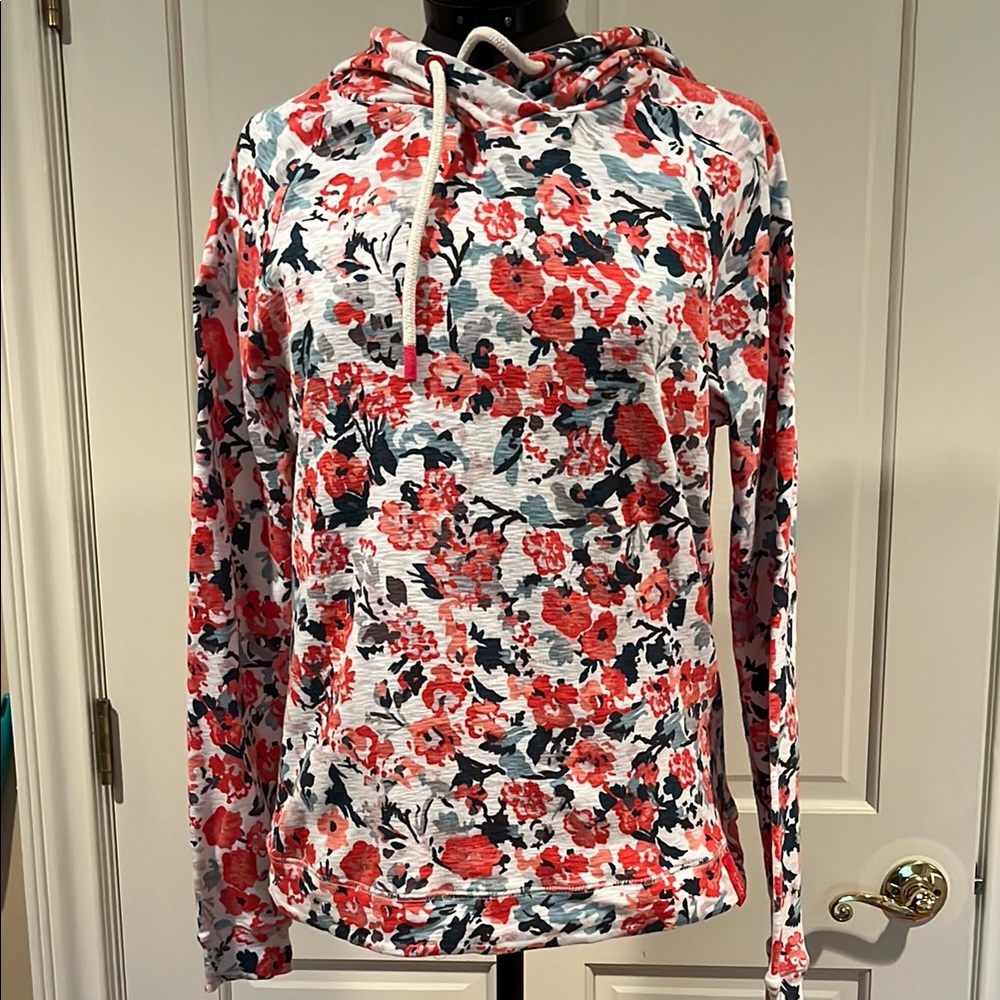 Floral Hoodie with Orange red and Blue/grey flowers/stems/leaves